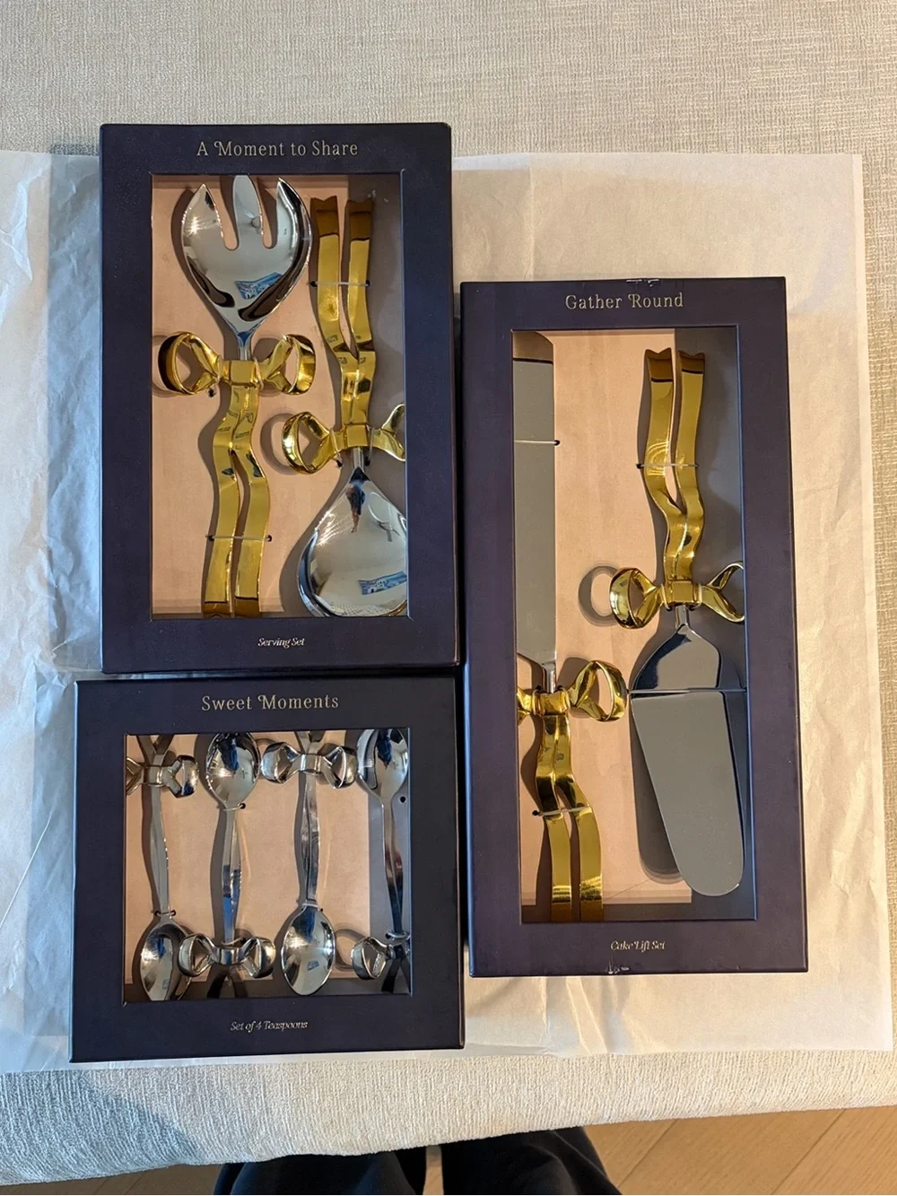 Anthropologie Benedita Stainless Steel Bow Serve Set Silver Gold NEW